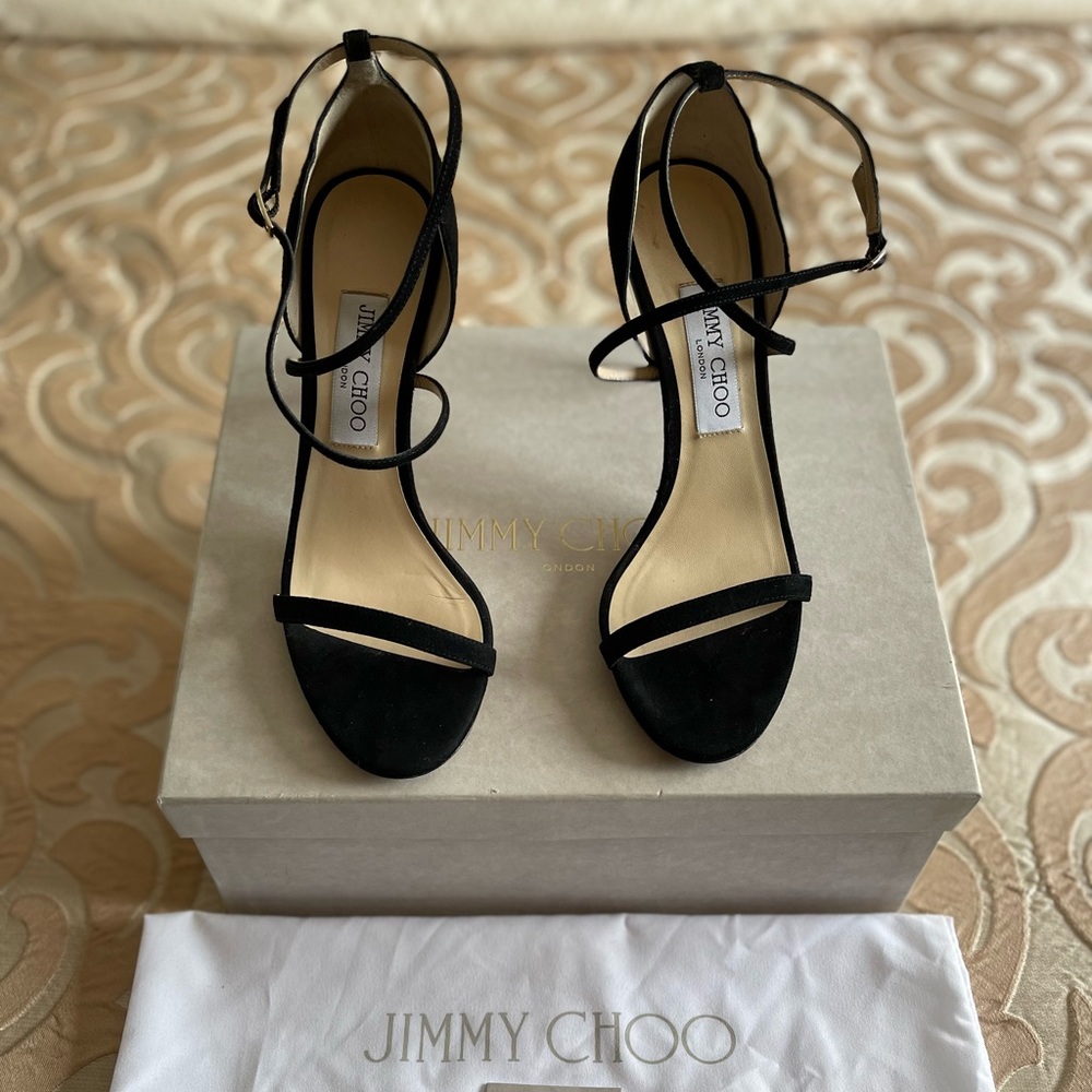 SOLD-Jimmy chop Black suede strappy heels